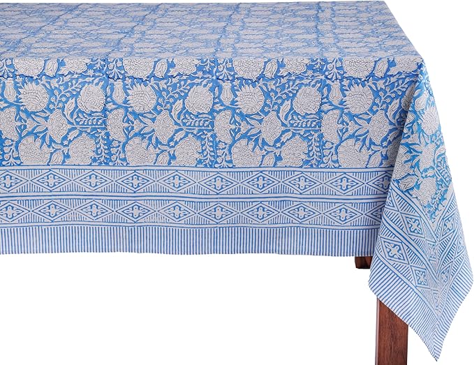 ATOSII Azora Blue 100% Cotton Rectangle Fall Tablecloth, Handblock Floral Print Linen Table Cloth for Kitchen Dining I Parties, Outdoors, Christmas, Thanksgiving I 72 X 140 Inches I 12 Seater