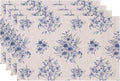 LilyCat Linen Fabric Blue Floral Placemats, Waterproof Durable Boho Dining Table Mats for Kitchen, Rustic Vintage Washable Place Mats Set of 4, 18’’× 12’’