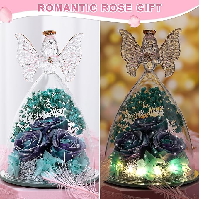 Christmas Rose Gifts for Women Preserved Real Flower in Glass Angel Figurines Roses for Delivery Prime Birthday Gifts for Mom Grandma Girlfriend Wife Her, GlitterPurpleAquablue