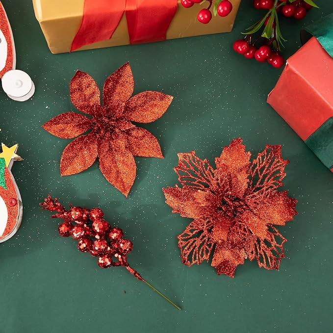 24Pcs Red Glitter Poinsettia Christmas Tree Ornaments and Glitter Berries Stems, 16Pcs Christmas Artificial Flowers and 8 Pack Christmas Tree Picks for Wedding Holiday Decorations