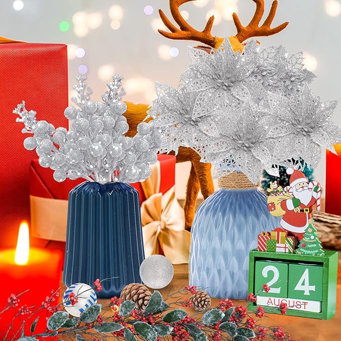 Zhuqing 22Pcs Christmas Poinsettia Artificial Flowers and Glitter Berries Stems Kit, 16Pcs Christmas Tree Flowers Ornaments and 6 Pack Christmas Tree Picks for Wedding Holiday Decorations (Silver)