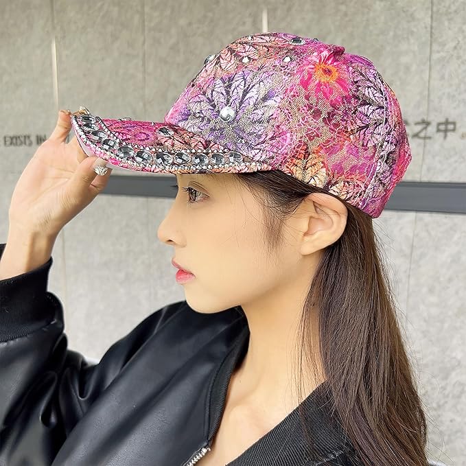 Bling Baseball Caps for Women, Rhinestone Summer Flower Baseball Hat, Adjustable Spring Fall Denim Sequin Jean Hat