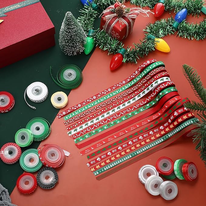 Solsew 32 Rolls 160 Yards Christmas Ribbon for Gift Wrapping 3/8 Inch Holiday Grosgrain Thin Ribbons for Crafts DIY Xmas Satin Decorations for Christmas Tree Gift Bows Scrapbooking Xmas Party Decor
