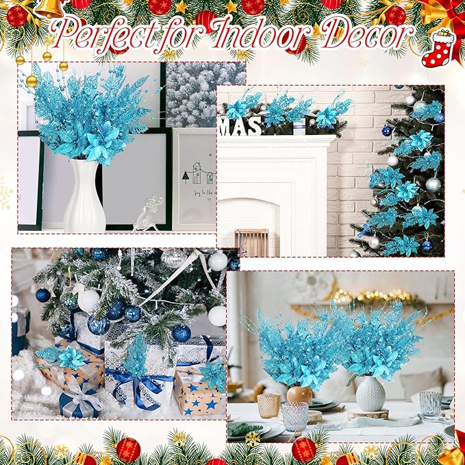 18 Pack 3 Styles 17 Inch Christmas Glitter Poinsettia Berry Stems Ornaments Artificial Floral Branches Picks for Christmas Tree Home Vase Holiday Party Decor(Lake Blue)