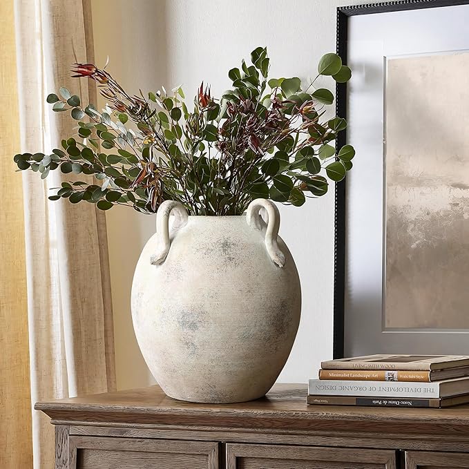 LuxenHome Vintage Ceramic Round Vase Multi Gray and White Terracotta Vaes with Handles Farmhouse Decor,Pottery Vase Living Room Decor,Large Waterpoof Vases Home Decor 11-Inch