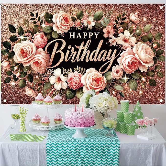 Happy Birthday Backdrop Banner Rose Gold Glitter Floral Photography Background for Women Girls Lady Wedding Baby Shower Birthday Supplies Photo Props Party Decorations Cake Table 6x4ft