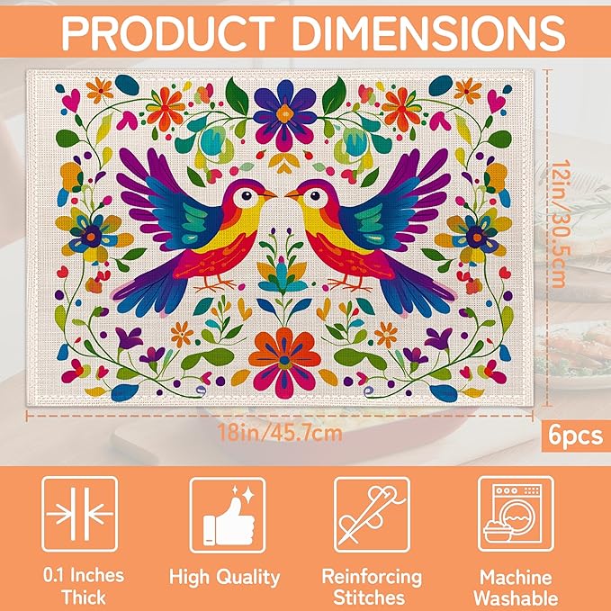 Colorful Bird Table Mats Set of 6,Mexican Style Non-Slip Washable Placemats for Restaurant Home Kitchen Dinner Table 12x18Inch