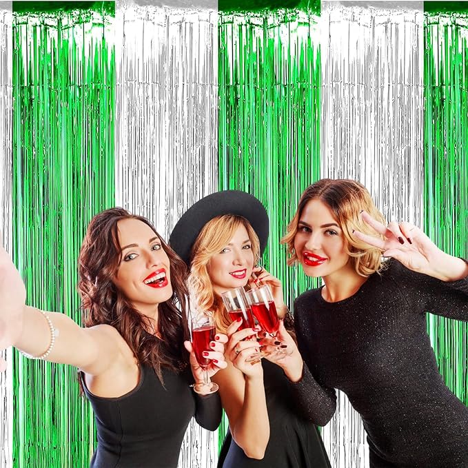 4 Pack Foil Fringe Curtain Backdrop, 3.28Ft x 8.2Ft Metallic Tinsel Foil Fringe Streamers Curtain for Photo Booth, Wedding, Mardi Gras Birthday Carnival St Patrick Day Party Decoration (Silver Green)