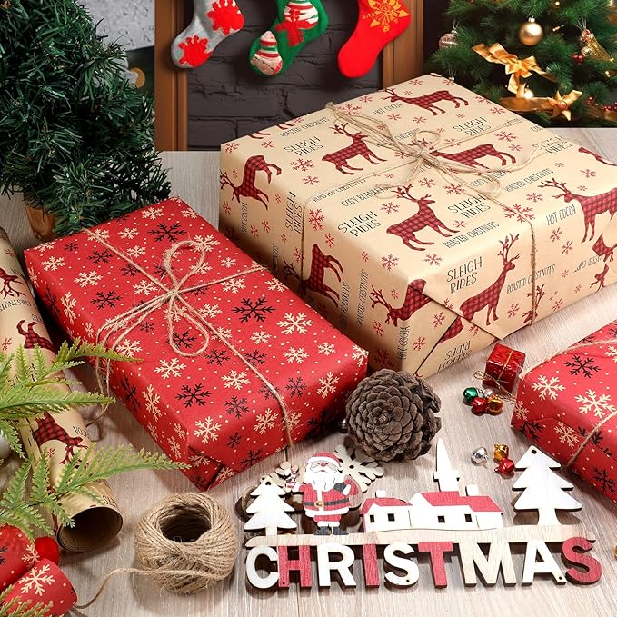 Anvure Christmas Wrapping Paper (4 Rolls: 93 sq. ft total) 17 Inch*16.4 Feet Per Rolls, Xmas Kraft Set Designs with Plaid, Reindeer, Tree, Snowflake & Star Patterns Holiday Wrap for Gift