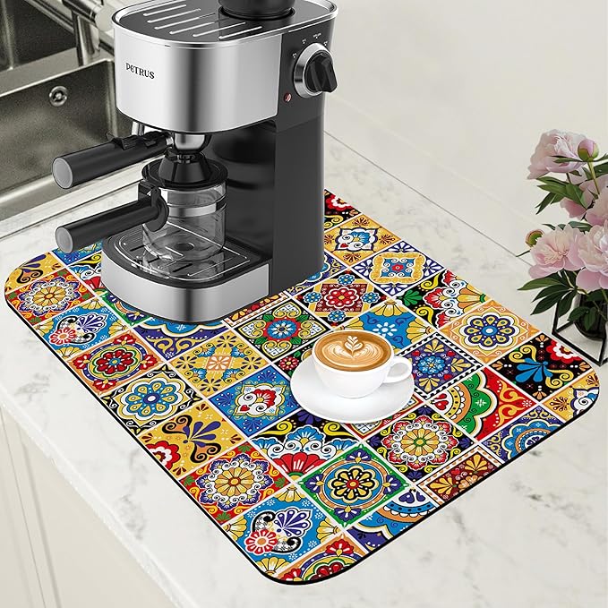 Talavera Mexican Tiles Dish Drying Mat for Kitchen Counter Bar Mat Hide Stain Absorbent Rubber Backed Coffee Mat Maker Espresso Machine Bar Accessories 11.8 x 19.7 Inch