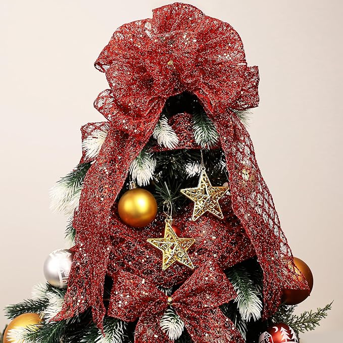 VATIN 6" Red Fall Ribbon, Red Glitter Mesh Diamond Web Sequin Dots Wired Christmas Ribbon for Gift Wrapping Bow Making Wreath Supply-10 Yards