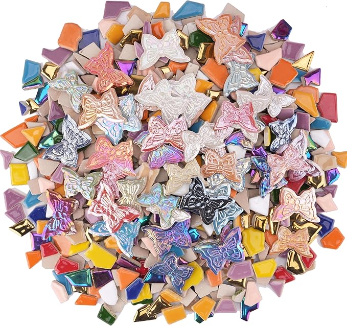 2.5 lb Irregular & Butterfly Mix Ceramic Mosaic Tiles for Crafts - (800g Irregular Tiles + 330g Butterfly Pieces), Assorted Ceramic Tiles for Mosaic Art, DIY & Home Decor