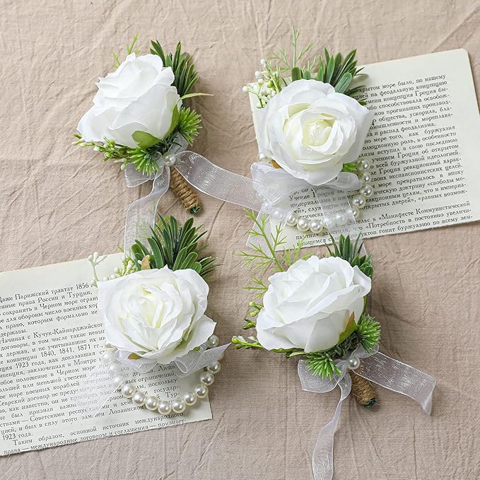 Artificial Flowers White Rose Wrist Flowers and Men's Corsage Wedding Flowers Ceremony Prom Flower (2 Boutonniere & 2 Wrist Corsage White)