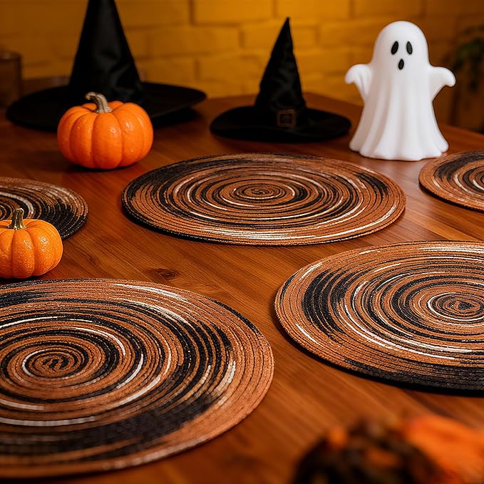 Youyi Better Lifes Halloween Round Braided Placemats Set of 8 Colorful Washable Durable Placemats Non-Slip 15 Inch Black-Orange Woven Table Mats for Dining Tables Holiday Party Decoration