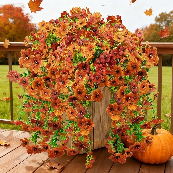 NASAMA 2PCS UVresistant Silk Artificial Flowers Realistic Daisies Hanging Porch Courtyard Window Display Store Garden Decoration Festival Outfit (Green Orange Brown)