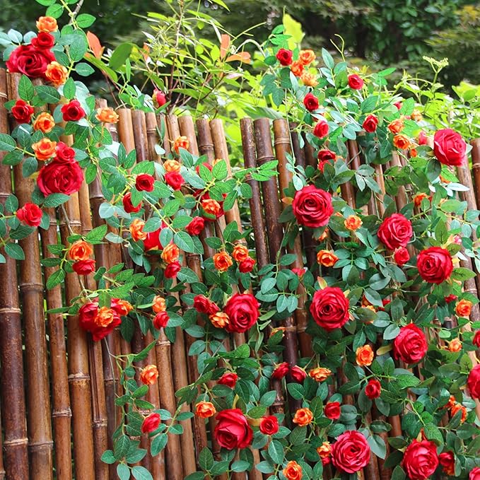 6FT Bendable Flower Garland, Artificial Rose Vine Hanging Floral Garland Decoration for Weding Home Room Wall Decor (Red, 2pcs)