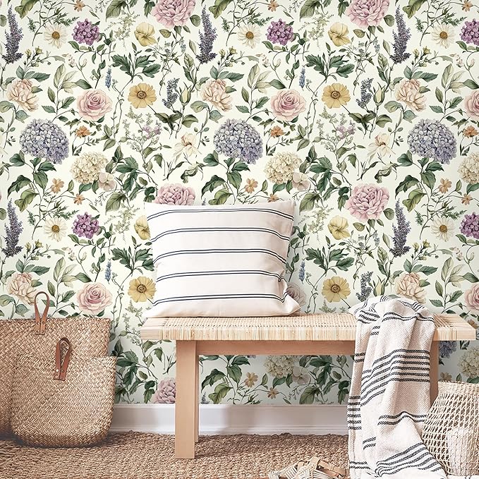 HeloHo Floral Peel and Stick Wallpaper Vintage Floral Contact Paper 17.3"x393.7" Boho Flower Botanical Wallpaper Removable Self Adhesive Farmhouse Wall Paper for Cabinets Bathroom Bedroom Vinyl