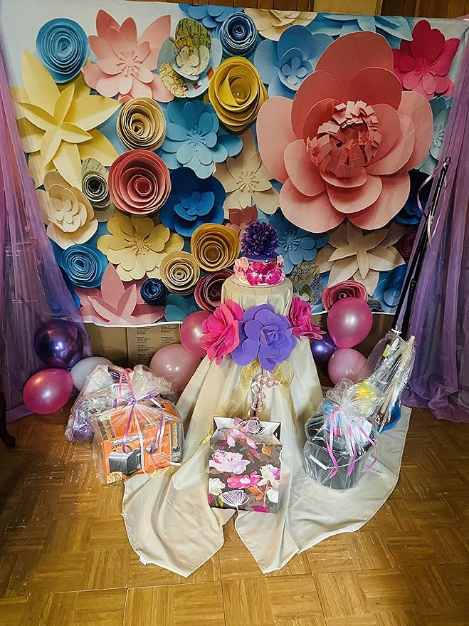 Colorful Flowers Paper Wall Photography Background 8x6FT Lovely Style Champagne Blue Pink Blossoming Flower Backdrops Portraits Shooting Video Studio Props