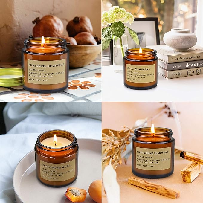 YFYTRE 4 Pack Scented Candle Set Soy Wax Candles, Aromatherapy Candles for Home Decoration, Jar Candles Gift for Women Mother with Amber Glass Jars and Kraft Wrapping