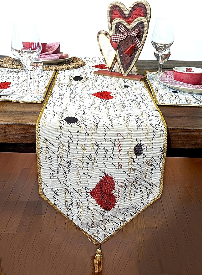 Tache Romantic Cursive Handwritten Love Letter Valentine Hearts Beige Table Runner - Vintage Farmhouse Woven Tapestry Kitchen Dining Dinner Linen Napery Cloth - 13 x 72 inches