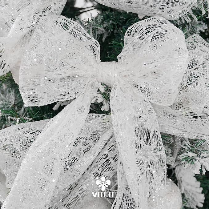 MEEDEE 6 Inch Wide Wired Ribbon White Glitter Mesh Web Wired Edge Ribbon by 10 Yards Roll White Mesh Wired Ribbons for Christmas Tree, Garland, Holiday Crafts, Bows, Centerpiece, Gift Wrapping