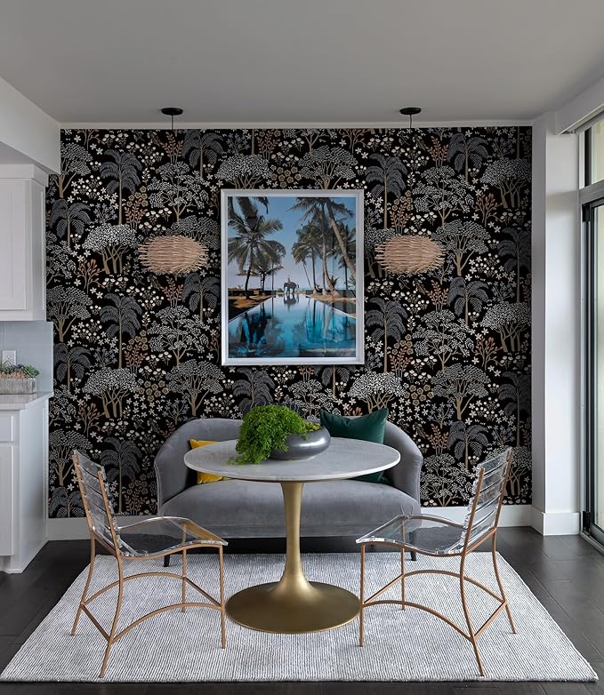 Guvana 197"x16.14" Forest Wallpaper Black Peel and Stick Wallpaper Leaf Contact Paper Floral Self Adhesive Wall Paper for Living Room Cabinets Decorative