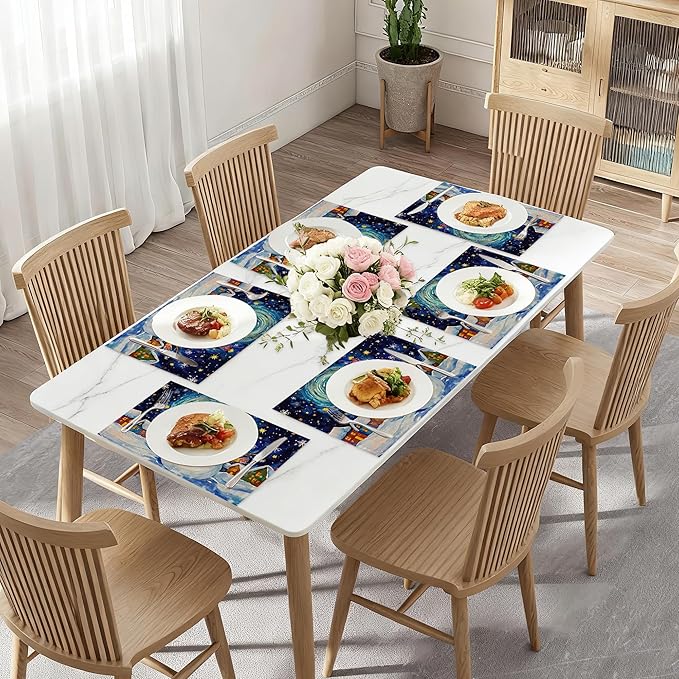 Christmas Snowman Table Mats Set of 6,Starry Night Moon Non-Slip Washable Placemats for Restaurant Home Kitchen Dinner Table 12x18Inch
