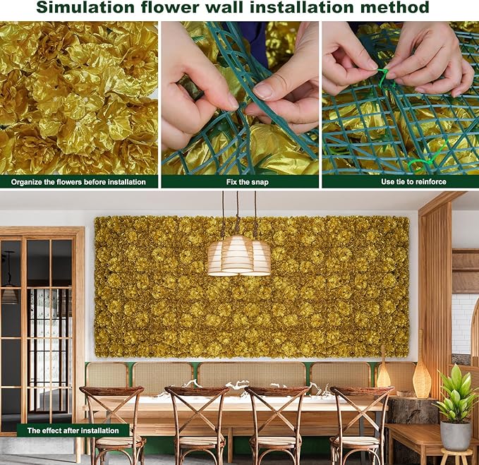 Autumn Collection Artificial Fall Flower Wall Panels - 12-Piece Set of 15x15inch Gold Silk Roses Flowers Wall Backdrops for Fall Weddings Thanksgiving Background and Seasonal Home Elegance
