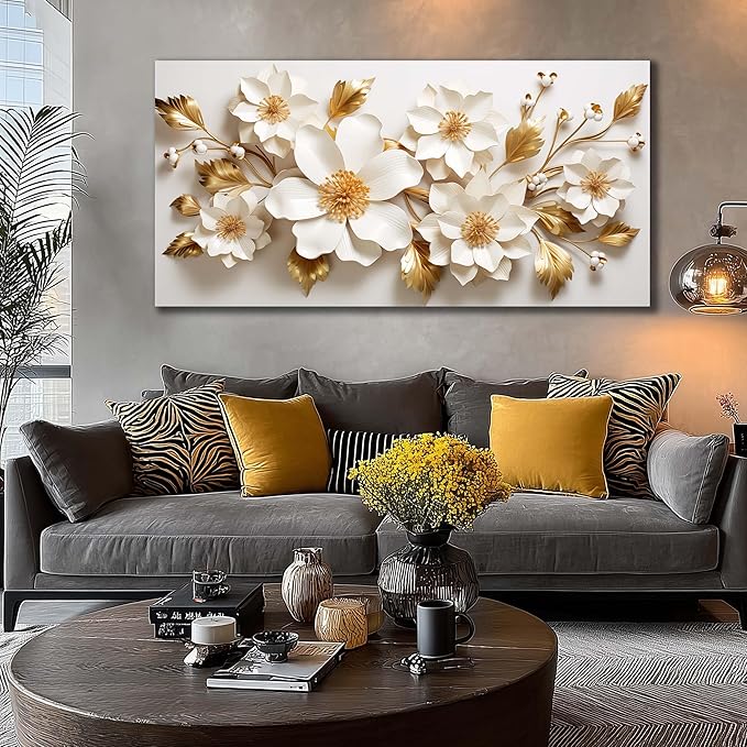 JuhaiArt Large Floral Wall Decor 3D Flower White Wall Art Elegant Gold Canvas Decor for Bedroom Living Room Office Picture Artwork 29" x 59"