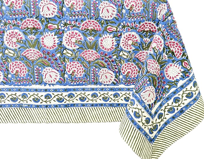 ATOSII Clover Pink 100% Cotton Square Boho Fall Tablecloth, Handblock Floral Table Cloth Linen for Kitchen Dining I Parties Wedding Outdoors Picnic Easter I Home Decor 60 X 60 Inches I 4 Seater