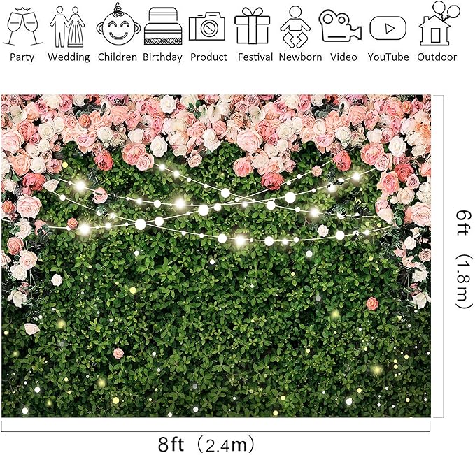 Riyidecor Pink Rose Green Leaves Backdrop Polyester Fabric Rustic Flower Floral Blossom Botanical Plant Spring Nature Wedding 8Wx6H Feet Women Girls Photography Background Birthday Photo Studio Shoot