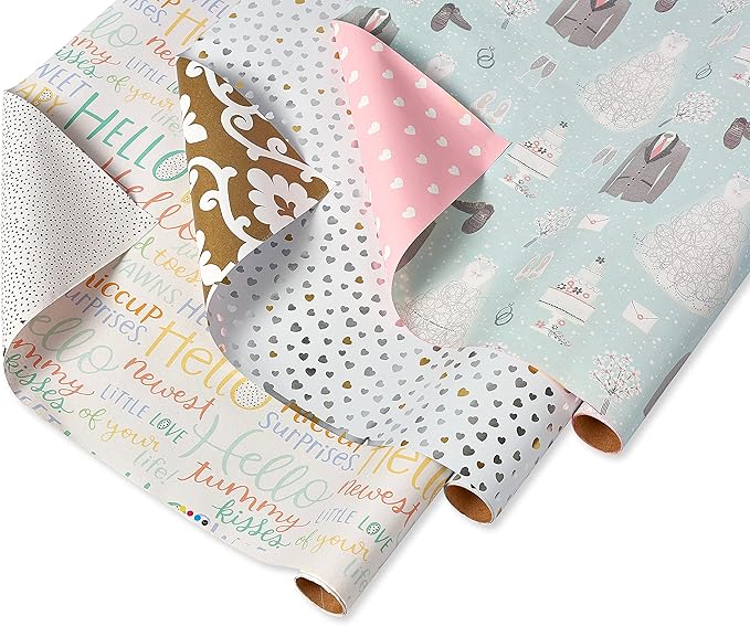 American Greetings Reversible Birthday, Baby, Wedding, and All Occasion Wrapping Paper, Unicorns and Dinosaurs (9 Rolls, 225 sq. ft.)