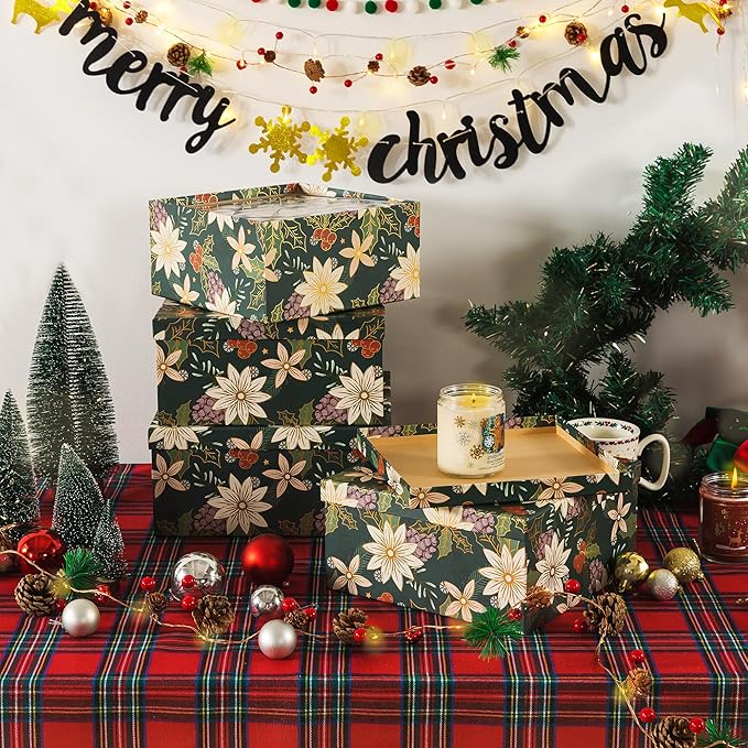 Soul & Lane Christmas Square Decorative Boxes with Lids - Set of 4 - Festive Foliage, Reusable Large Nesting Holiday Gift Boxes for Presents and Décor