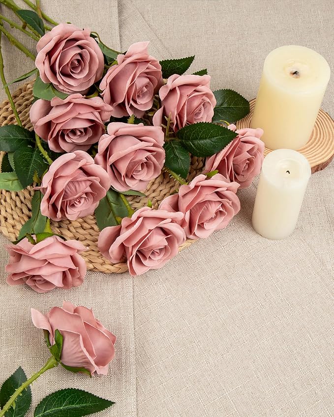 DuHouse 10pcs Silk Roses Artificial Flowers Fake Rose for Arrangement Wedding Party Home Decoration (Dusty Rose)