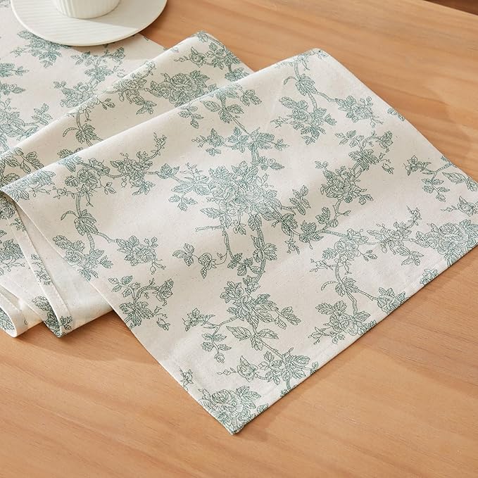 100% Cotton French Pastoral Table Runners, 13x36 Inch Vintage Green Farmhouse Table Runners 36 Inches Long, Vintage Flowers Print Home Decors