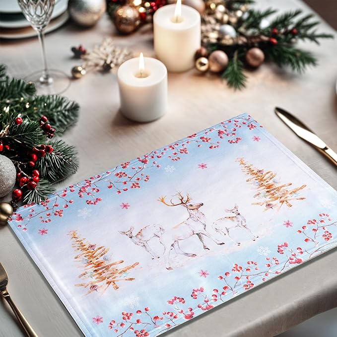 Maison d' Hermine Placemats Set of 4 100% Cotton Washable Cloth Place Mats, Reusable Table Mats for Thanksgiving Christmas Decorations Kitchen Dining Party Wedding (Fairy Tale Forest, 13" x 19")