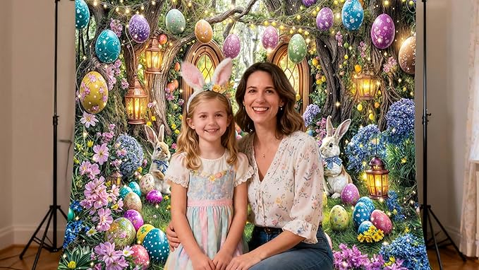 10X8ft Enchanted Forest Easter Backdrop Fairy Tale Rabbit Magic Garden Easter Egg Wonderland Floral Photography Background for Kids Girls Party Decoration Cake Table Photo Booth Props