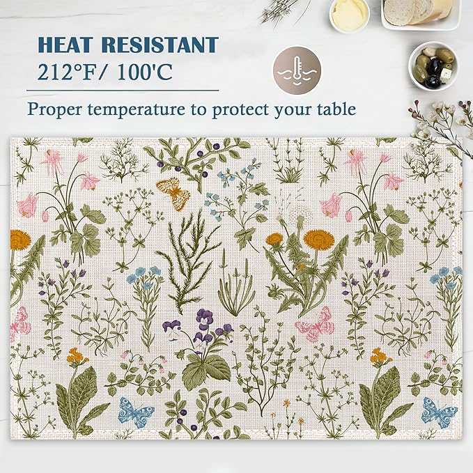 Vintage Herbs Flowers Placemats Set of 4, Garden Place Mats Heat Resistant Washable Non-Slip Table Mats for Party Kitchen Dining Decor 12x18 Inch
