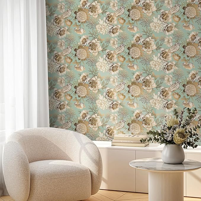 Decotalk Green Floral Wallpaper Floral Peel and Stick Vintage Flowers Wall Paper for Bedroom Bathroom 17.5"x120" Green/Gold Wall Paper Florals Flower Bird Wallpaper Removable Flower Cover Vinyl