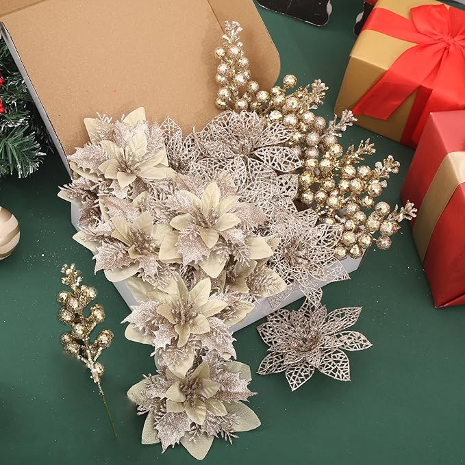24Pcs Christmas Poinsettia Artificial Flowers and Glitter Berries Kit, 2 Styles Total 16Pcs Christmas Tree Flowers Ornaments, 8Pcs Christmas Tree Picks for Wedding Holiday Decorations, Champagne
