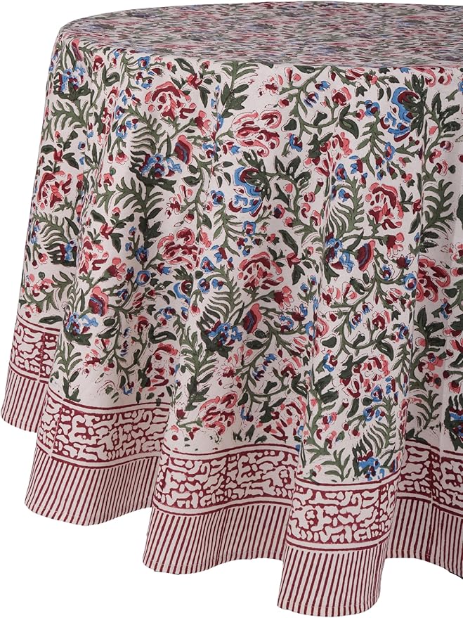 ATOSII Ambrosia 100% Cotton Round Boho Fall Tablecloth, Handblock Floral Table Cloth Linen for Kitchen Dining I Parties Wedding Outdoors Holidays I Fall Home Decor 60" Inches Round