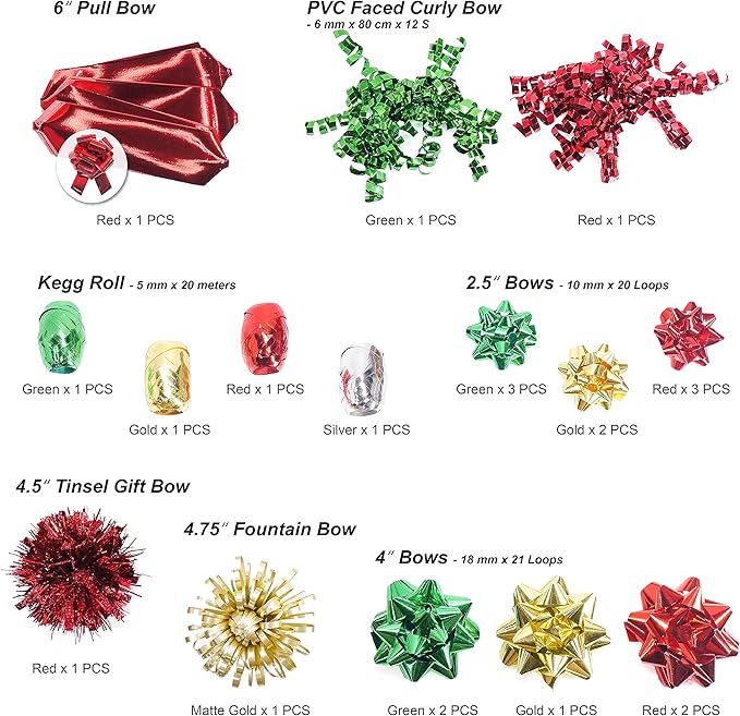 CT CRAFT LLC Gift Bows 22 PCS Set Multi Colored Assorted - Bow x 18 pcs + Kegg Roll x 4 pcs - Red/Gold/Green, Holiday Christmas Birthday Party Wrapping