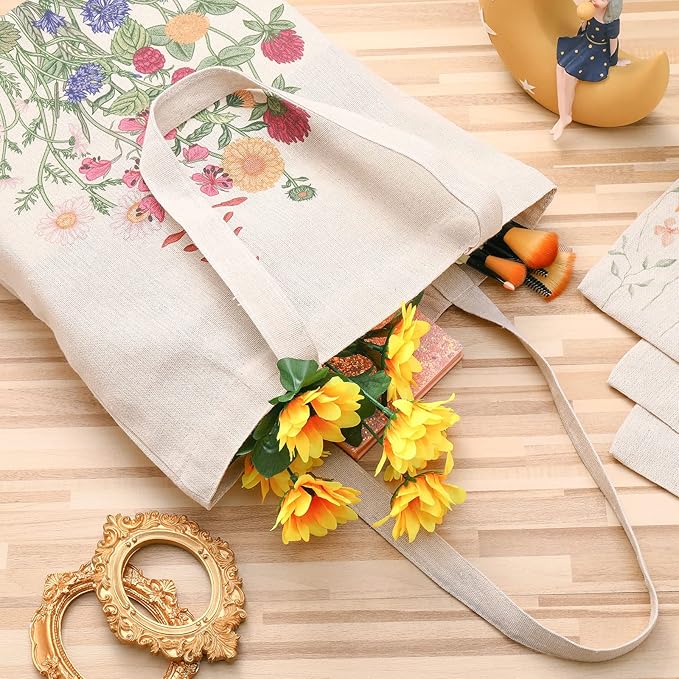 Saintrygo 4 Pieces Canvas Flowers Bible Tote Bag Gift Beautiful Floral Aesthetic Reusable Tote Bag Grocery School Book Lover Makeup Pocket for Girls Women Teacher(Flower)
