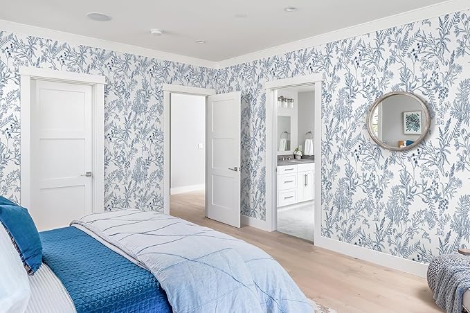394"x17.3" Peel and Stick Wallpaper Blue and White Floral Wall Paper for Bedroom Blue Contact Paper for Cabinets Self-Adhesive Removable Wallpaper for Bathroom Kitchen Wall Decor