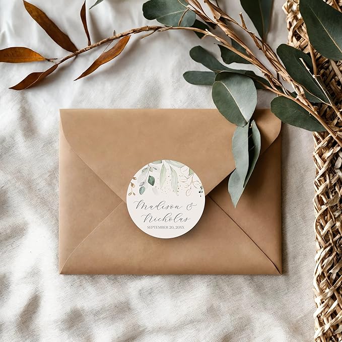 Personalized Floral Wedding Stickers with Your Choice of 30 Flower Styles - Choose Font and One of Five Pre-made Phrases or Add Custom Text (003 - Green and Gold Leaves)