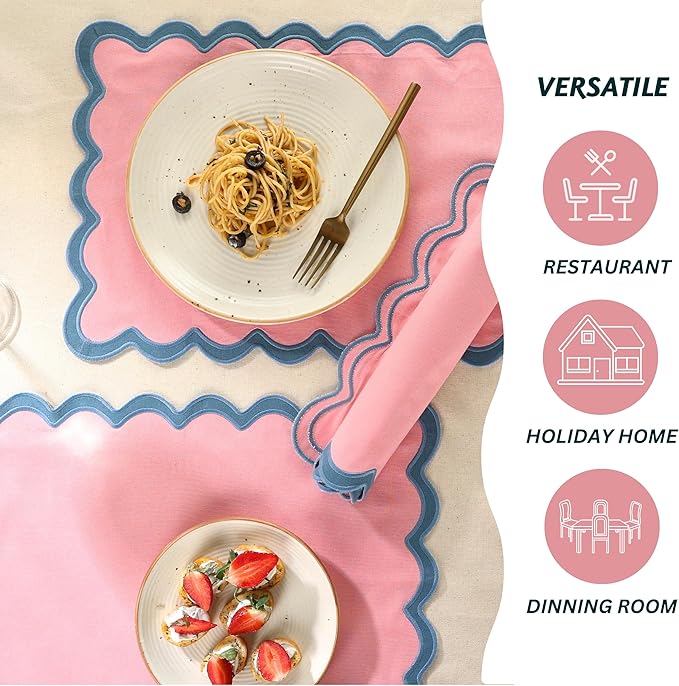 Folkulture Placemats Set of 4 | (13 x 19) 100% Cotton Rustic Place Mats | Heat Resistant Woven Table Mats for Dining Table Decor | Boho Placemats or Scalloped Placemats (Blush)