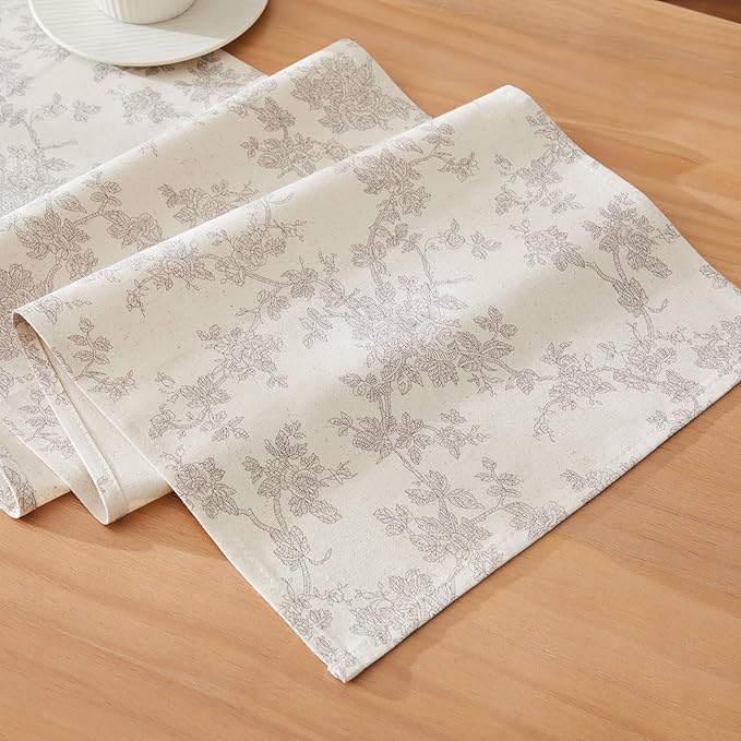 100% Cotton French Pastoral Table Runners, 13x48 Inch Grey Farmhouse Table Runners 48 Inches Long, Vintage Flowers Print Home Decors