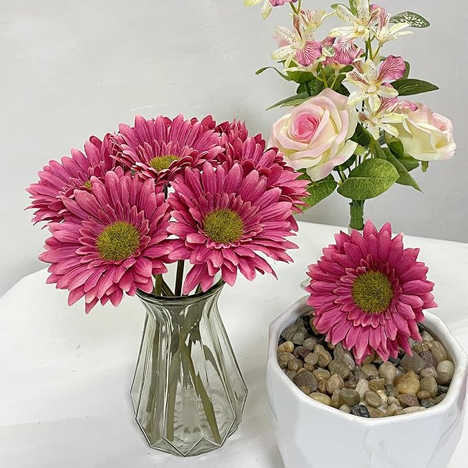 10PCS Artificial Gerbera Daisy Silk Flowers Faux Flower for Party Home Kitchen Garden Wedding Decor (Hot Pink)