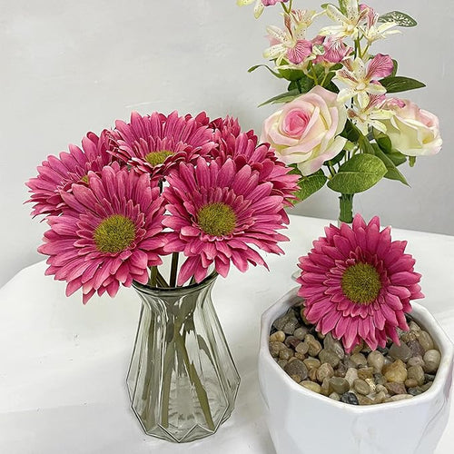 10PCS Artificial Gerbera Daisy Silk Flowers Faux Flower for Party Home Kitchen Garden Wedding Decor (Hot Pink)