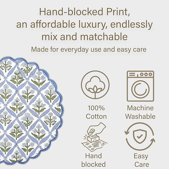 Ridhi Light Steel Blue Bo-ho Round Place Mat Easter Floral Cotton Washable Placemats 15" Round Embroidery Block Print Table Mat Pack of 8-15 Inch Round